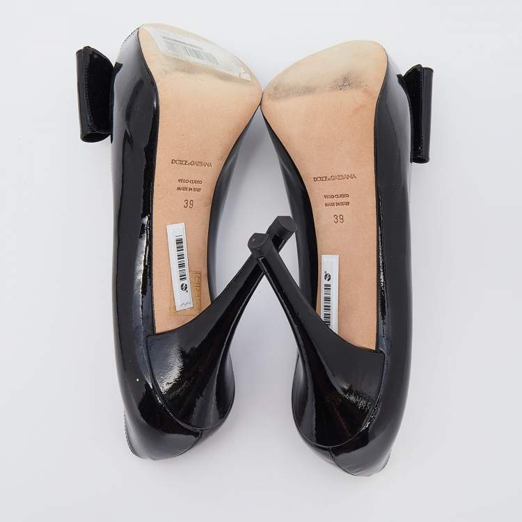 Pre Owned Dolce & Gabbana Black Patent Leather Bow Peep Toe Platform Pumps Size 39