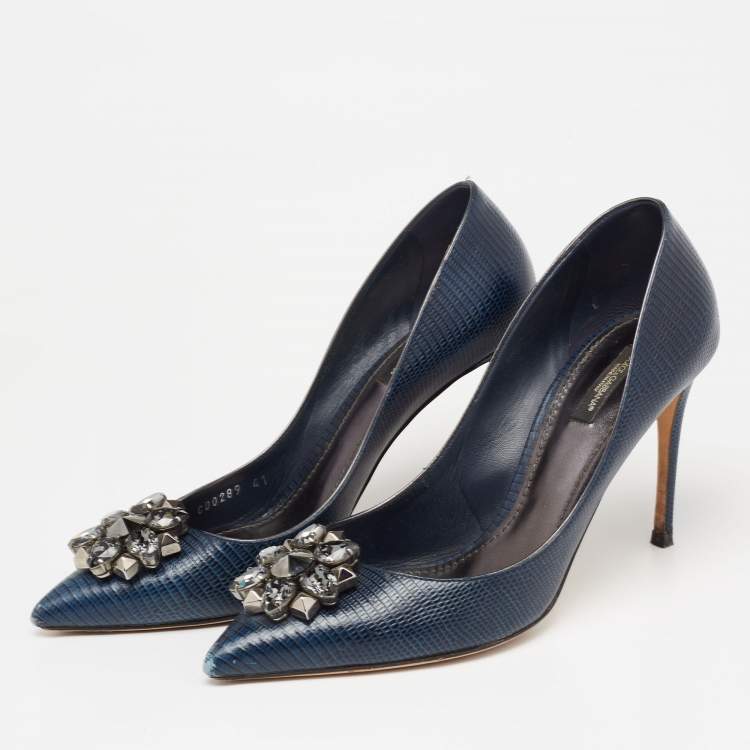 Pre Owned Dolce & Gabbana Navy Blue Lizard Embossed Leather Bellucci Pumps Size 41