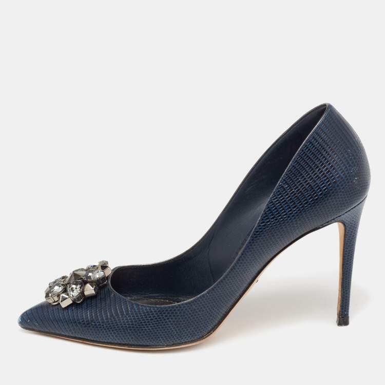Pre Owned Dolce & Gabbana Navy Blue Lizard Embossed Leather Bellucci Pumps Size 41