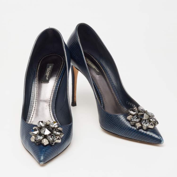 Pre Owned Dolce & Gabbana Navy Blue Lizard Embossed Leather Bellucci Pumps Size 41