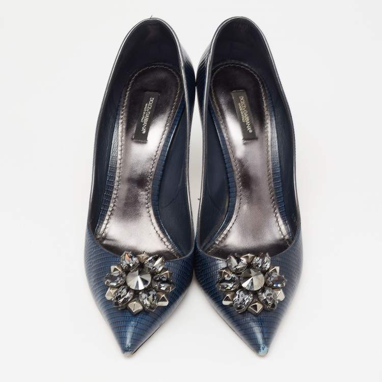 Pre Owned Dolce & Gabbana Navy Blue Lizard Embossed Leather Bellucci Pumps Size 41
