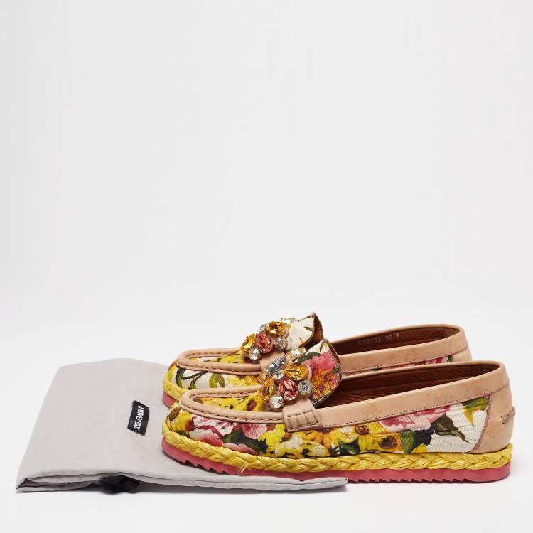 Pre Owned Dolce & Gabbana Multicolor Leather And Lurex Fabric Crystal Embellished Loafers Size 38
