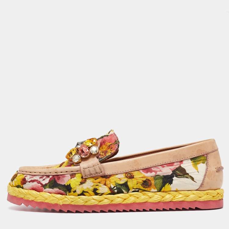 Pre Owned Dolce & Gabbana Multicolor Leather And Lurex Fabric Crystal Embellished Loafers Size 38