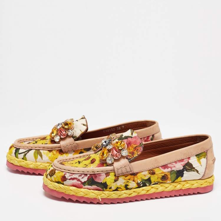Pre Owned Dolce & Gabbana Multicolor Leather And Lurex Fabric Crystal Embellished Loafers Size 38