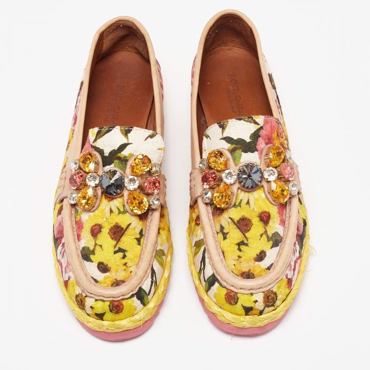 Pre Owned Dolce & Gabbana Multicolor Leather And Lurex Fabric Crystal Embellished Loafers Size 38