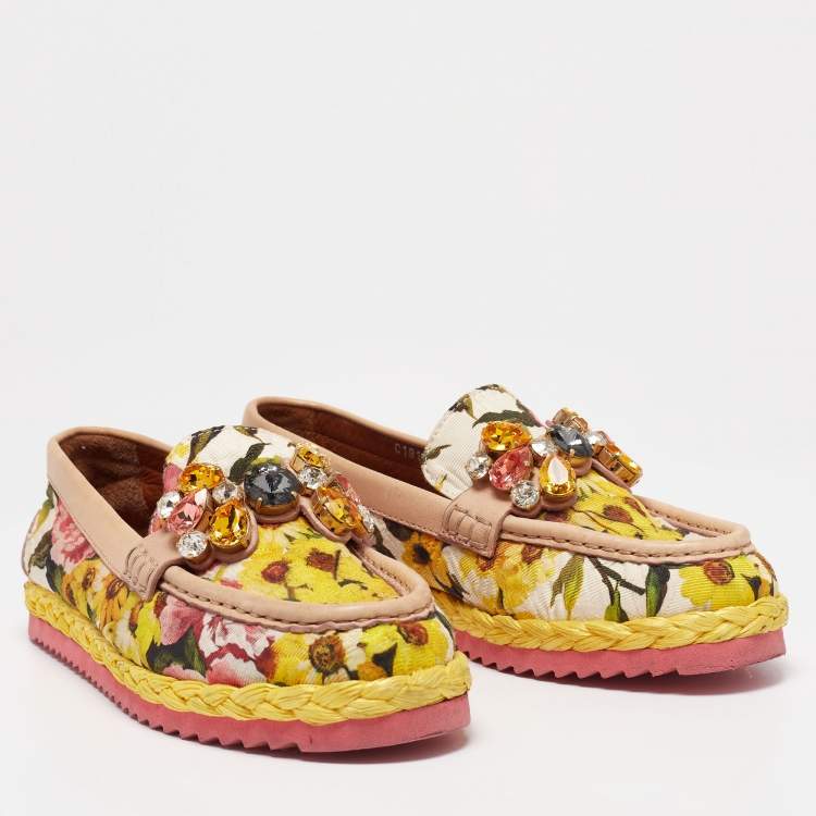 Pre Owned Dolce & Gabbana Multicolor Leather And Lurex Fabric Crystal Embellished Loafers Size 38