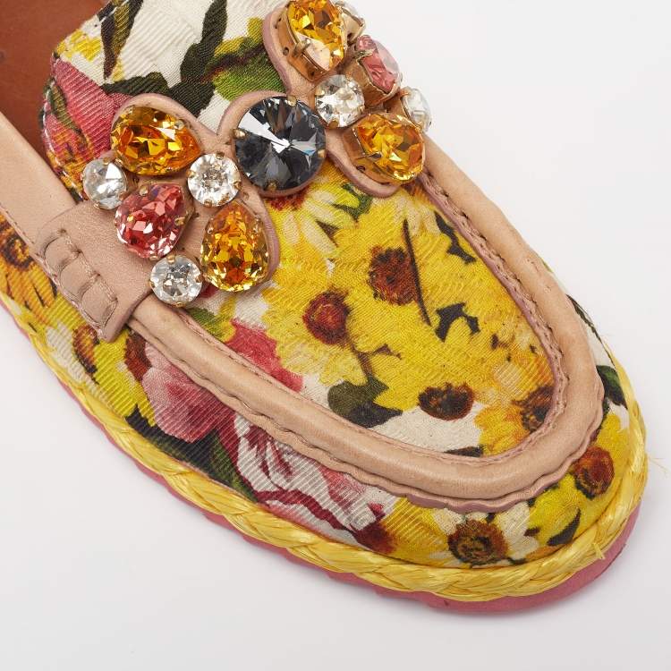 Pre Owned Dolce & Gabbana Multicolor Leather And Lurex Fabric Crystal Embellished Loafers Size 38