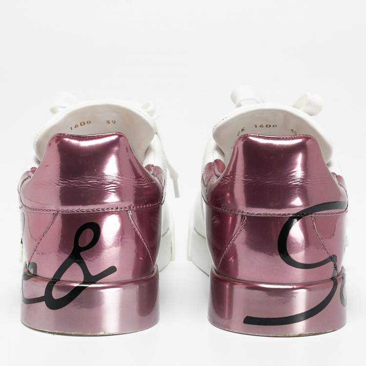 مملوكة مسبقًا Dolce & Gabbana White/Mauve Leather Portofino Low Top Sneakers Size 39