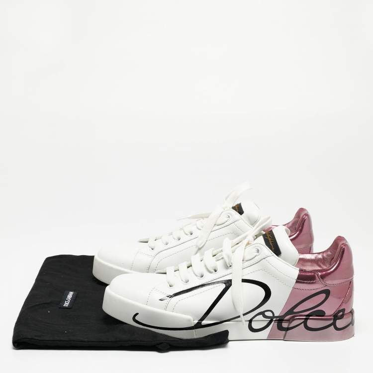 مملوكة مسبقًا Dolce & Gabbana White/Mauve Leather Portofino Low Top Sneakers Size 39