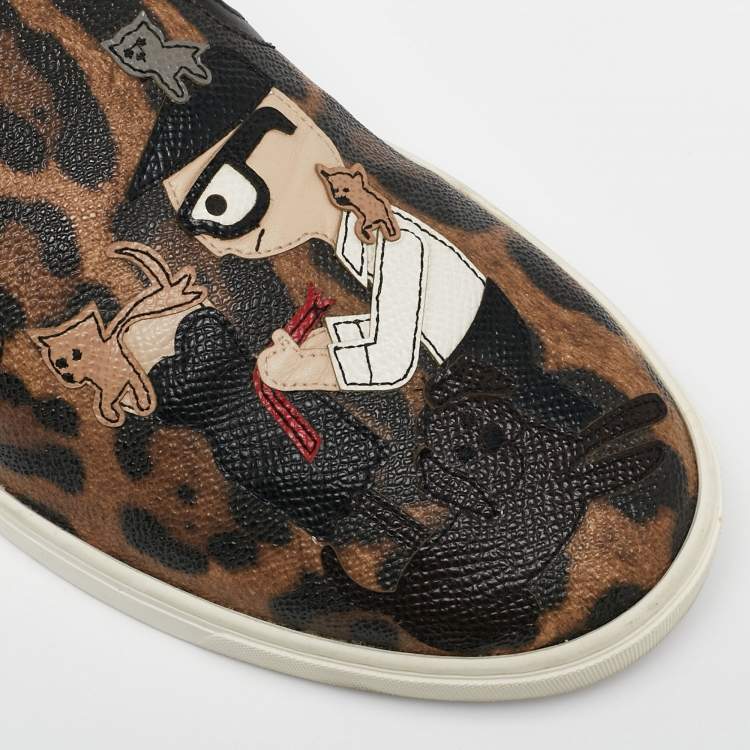 Pre Owned Dolce & Gabbana Brown/Black Canvas Family Print Low Top Sneakers Size 38