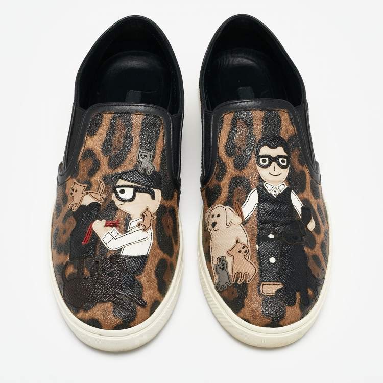 Pre Owned Dolce & Gabbana Brown/Black Canvas Family Print Low Top Sneakers Size 38