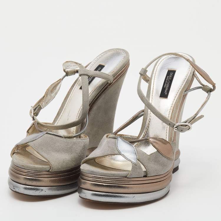 Pre Owned Dolce & Gabbana Grey Suede And Leather Leaf Applique Wedge Ankle Strap Sandals Size 38