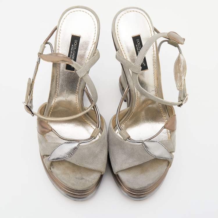 Pre Owned Dolce & Gabbana Grey Suede And Leather Leaf Applique Wedge Ankle Strap Sandals Size 38
