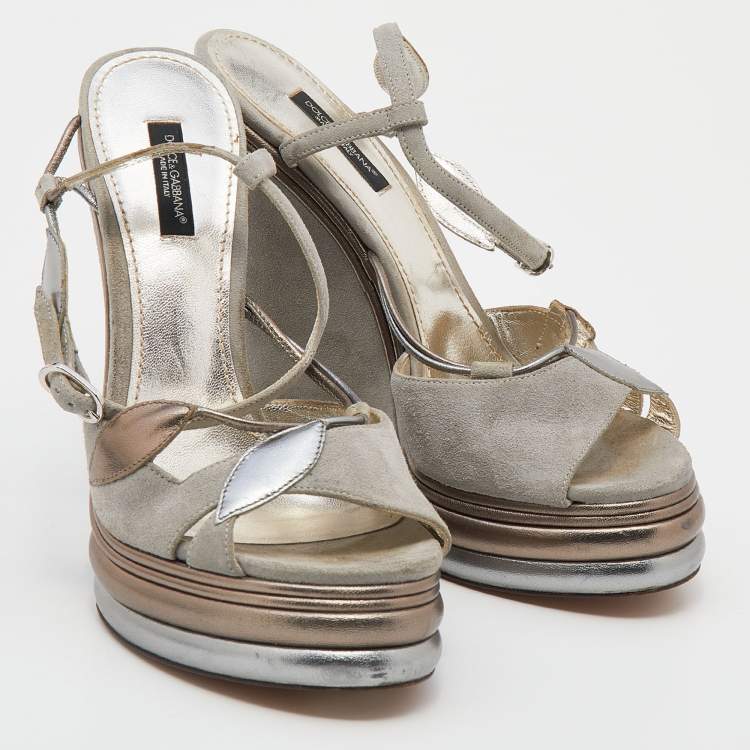 Pre Owned Dolce & Gabbana Grey Suede And Leather Leaf Applique Wedge Ankle Strap Sandals Size 38