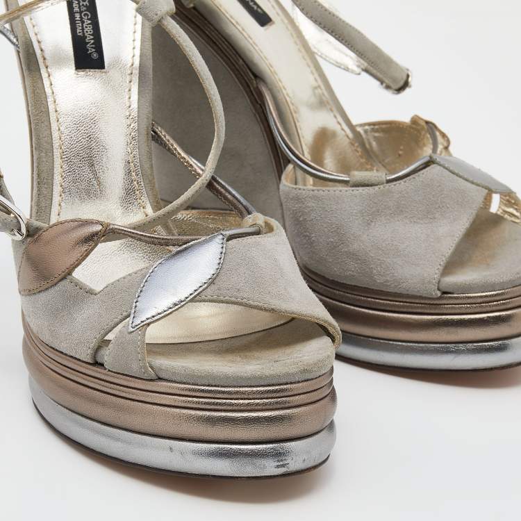 Pre Owned Dolce & Gabbana Grey Suede And Leather Leaf Applique Wedge Ankle Strap Sandals Size 38