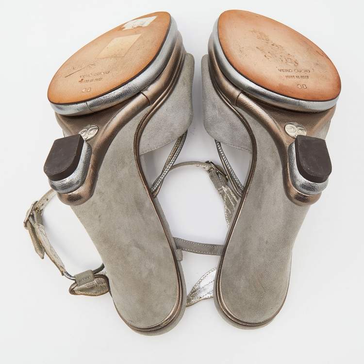 Pre Owned Dolce & Gabbana Grey Suede And Leather Leaf Applique Wedge Ankle Strap Sandals Size 38