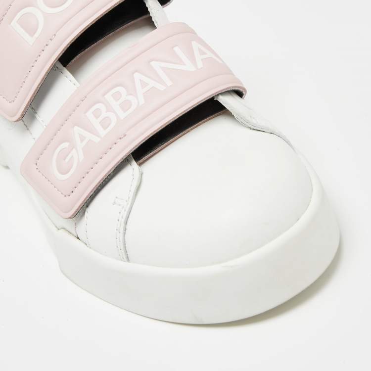 مملوكة مسبقًا Dolce & Gabbana White/Pink Leather Logo Velcro Straps Sneakers Size 39