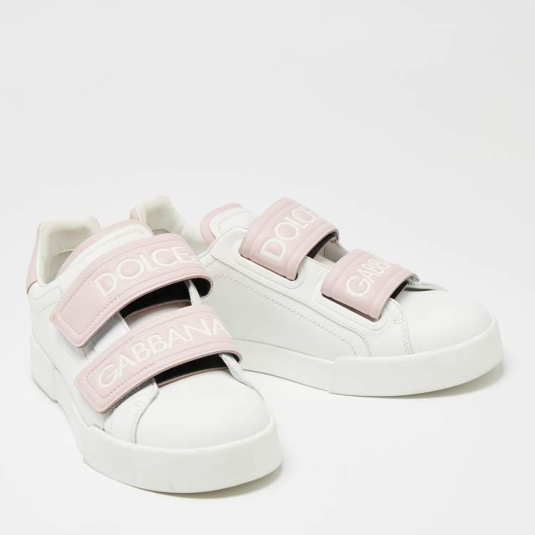 مملوكة مسبقًا Dolce & Gabbana White/Pink Leather Logo Velcro Straps Sneakers Size 39