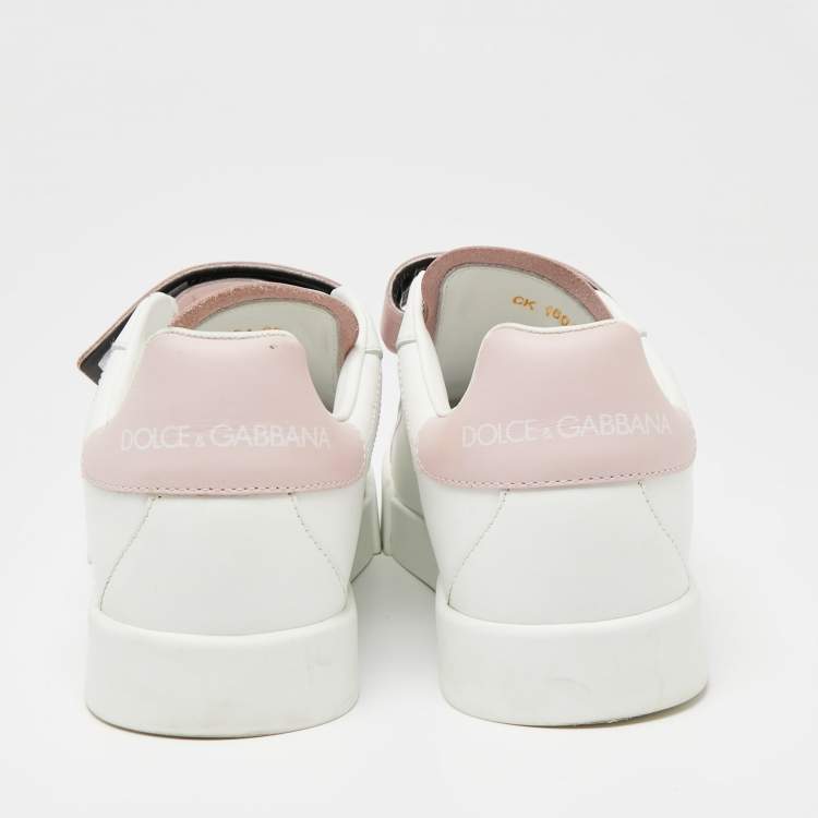 مملوكة مسبقًا Dolce & Gabbana White/Pink Leather Logo Velcro Straps Sneakers Size 39