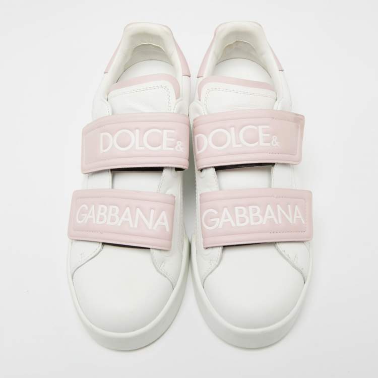 مملوكة مسبقًا Dolce & Gabbana White/Pink Leather Logo Velcro Straps Sneakers Size 39