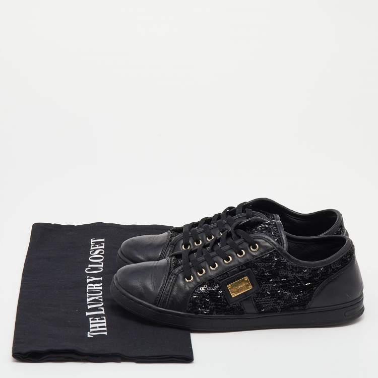 Pre Owned Dolce & Gabbana Black Leather And Sequins Cap Toe Low Top Sneakers Size 37