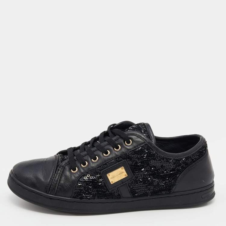 Pre Owned Dolce & Gabbana Black Leather And Sequins Cap Toe Low Top Sneakers Size 37