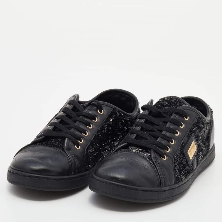 Pre Owned Dolce & Gabbana Black Leather And Sequins Cap Toe Low Top Sneakers Size 37