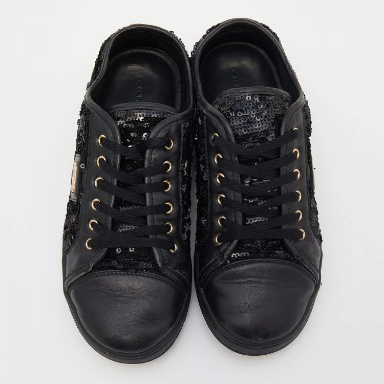 Pre Owned Dolce & Gabbana Black Leather And Sequins Cap Toe Low Top Sneakers Size 37