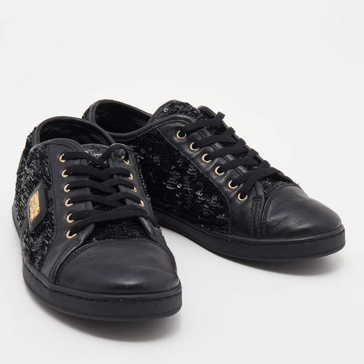 Pre Owned Dolce & Gabbana Black Leather And Sequins Cap Toe Low Top Sneakers Size 37