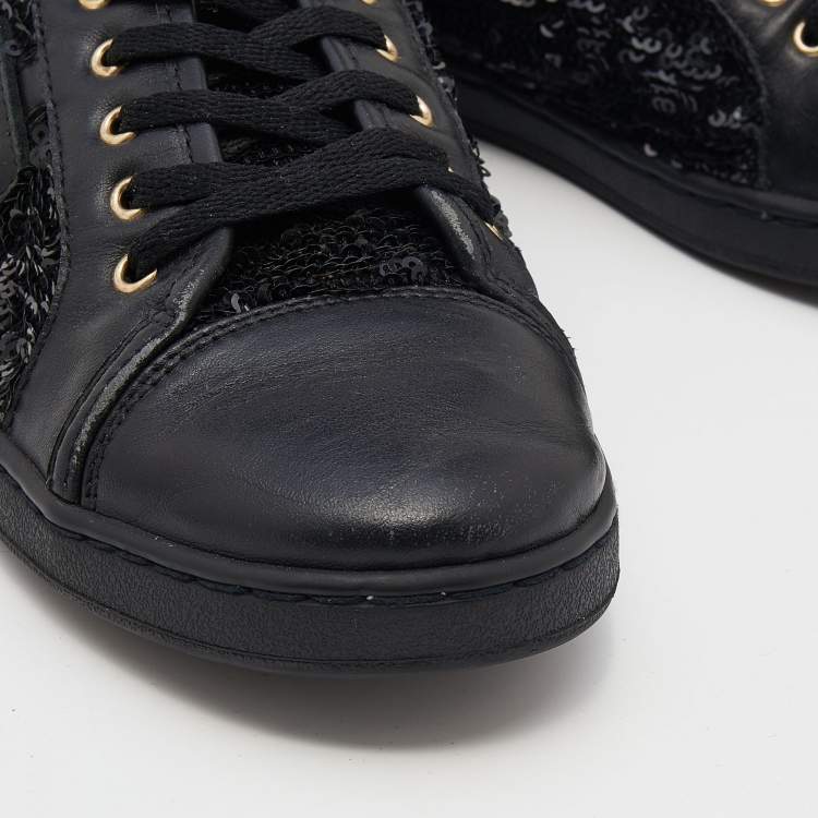 Pre Owned Dolce & Gabbana Black Leather And Sequins Cap Toe Low Top Sneakers Size 37
