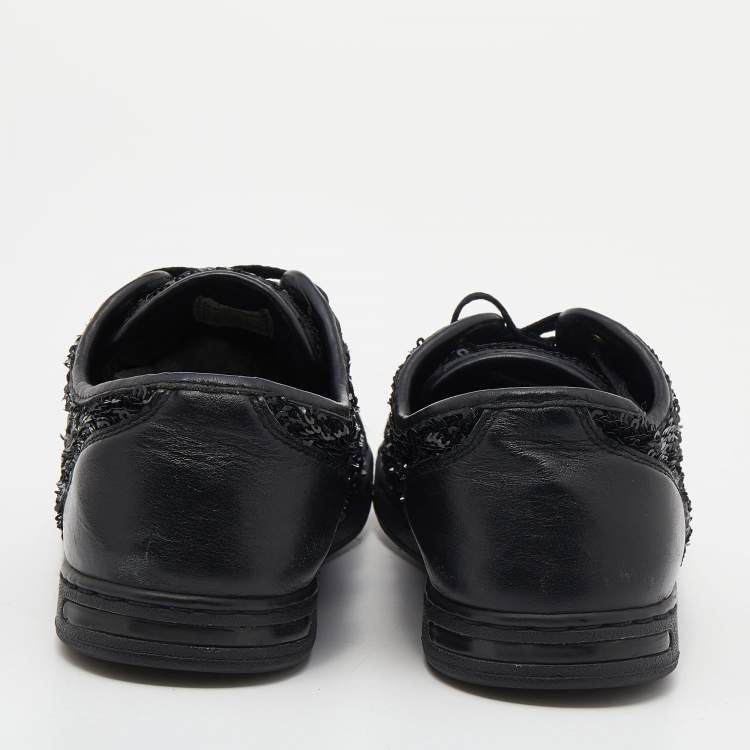 Pre Owned Dolce & Gabbana Black Leather And Sequins Cap Toe Low Top Sneakers Size 37