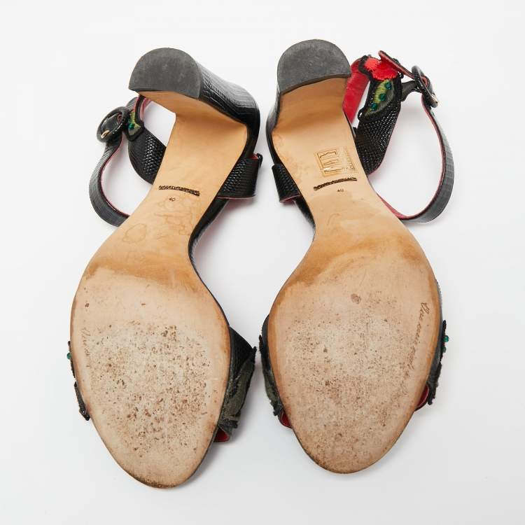 Pre Owned Dolce & Gabbana Black Lizard Embossed Carnation Heeled Sandals Size 40