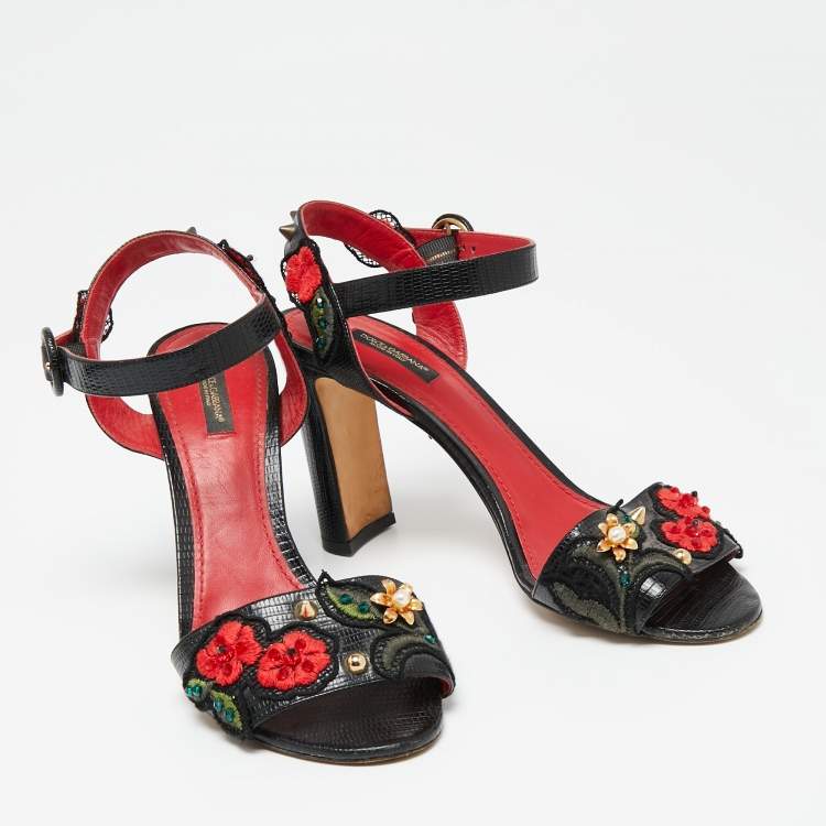 Pre Owned Dolce & Gabbana Black Lizard Embossed Carnation Heeled Sandals Size 40