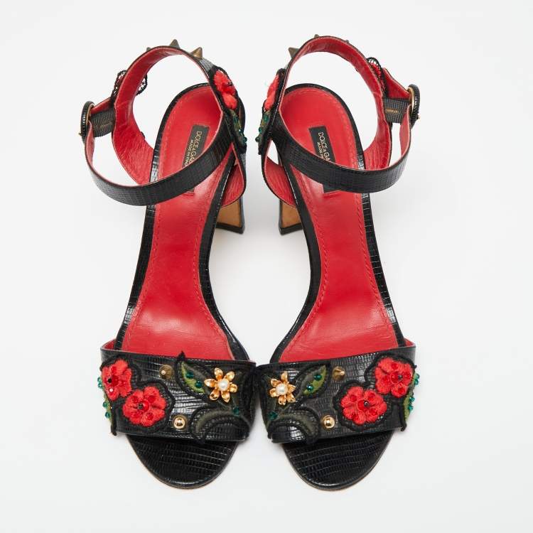 Pre Owned Dolce & Gabbana Black Lizard Embossed Carnation Heeled Sandals Size 40
