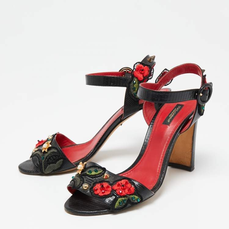 Pre Owned Dolce & Gabbana Black Lizard Embossed Carnation Heeled Sandals Size 40