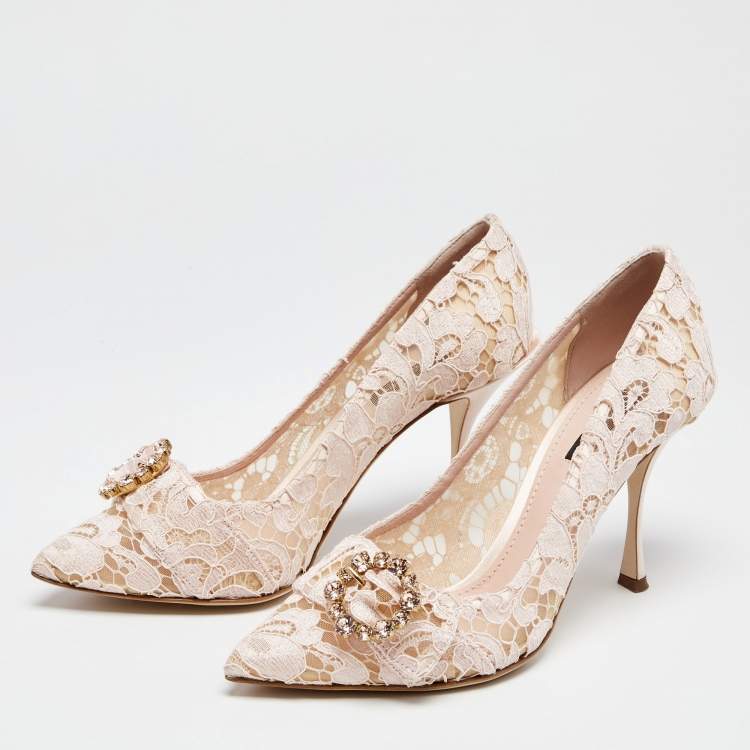 Pre Owned Dolce & Gabbana Pink Lace Jeweled Embellishment Pointed Toe Pumps Size 39