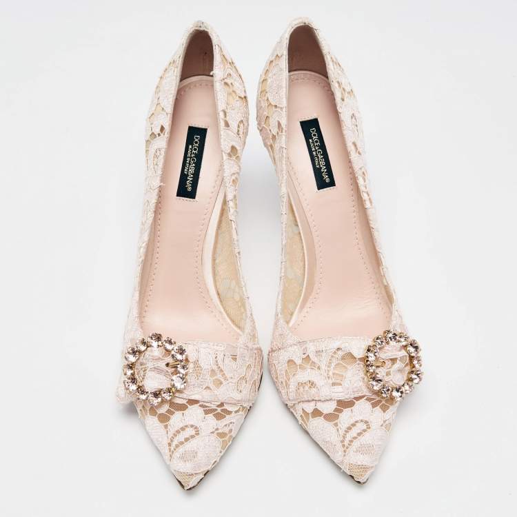 Pre Owned Dolce & Gabbana Pink Lace Jeweled Embellishment Pointed Toe Pumps Size 39