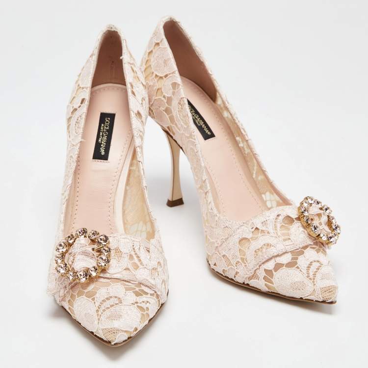 Pre Owned Dolce & Gabbana Pink Lace Jeweled Embellishment Pointed Toe Pumps Size 39