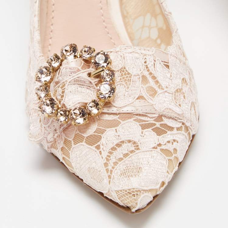 Pre Owned Dolce & Gabbana Pink Lace Jeweled Embellishment Pointed Toe Pumps Size 39