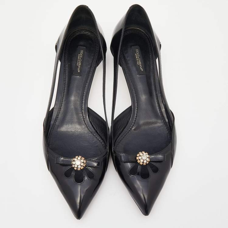 مملوكة مسبقًا Dolce & Gabbana Black Leather Crystal Embellished Pointed Toe Kitten Heel Pumps Size 40.5
