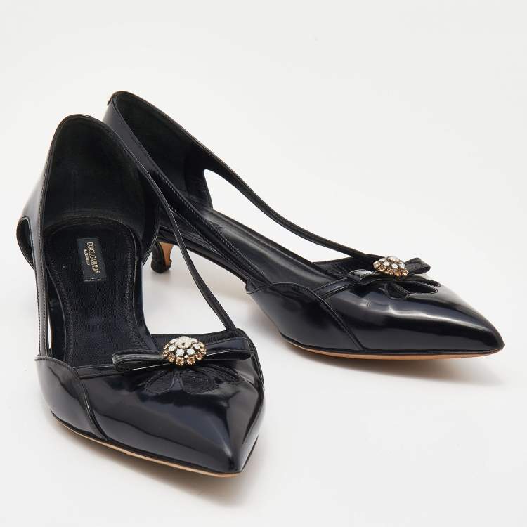 مملوكة مسبقًا Dolce & Gabbana Black Leather Crystal Embellished Pointed Toe Kitten Heel Pumps Size 40.5