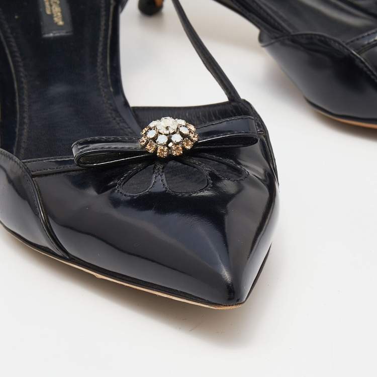 مملوكة مسبقًا Dolce & Gabbana Black Leather Crystal Embellished Pointed Toe Kitten Heel Pumps Size 40.5