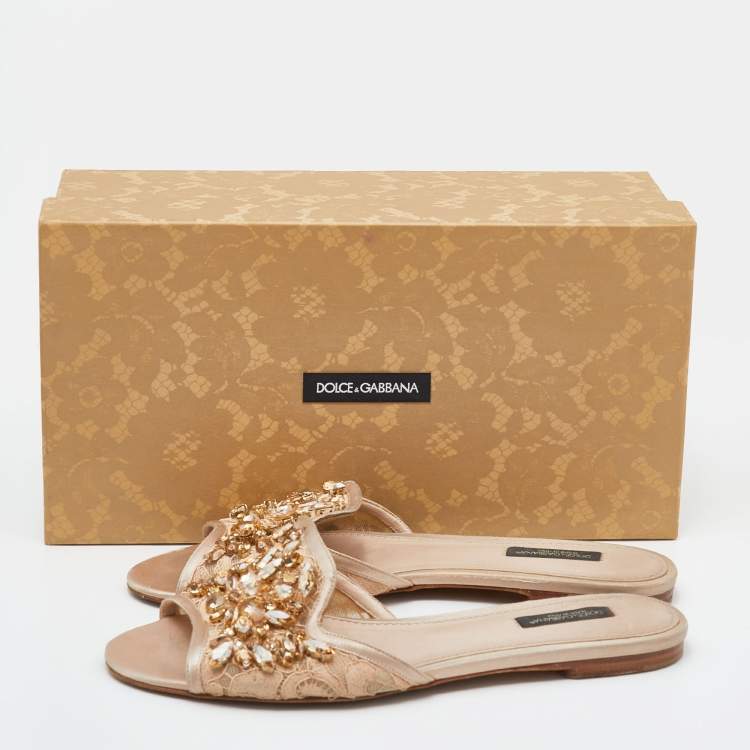 Pre Owned Dolce & Gabbana Beige Satin And Lace Sofia Crystal Embellished Slide Flat Sandals Size 38