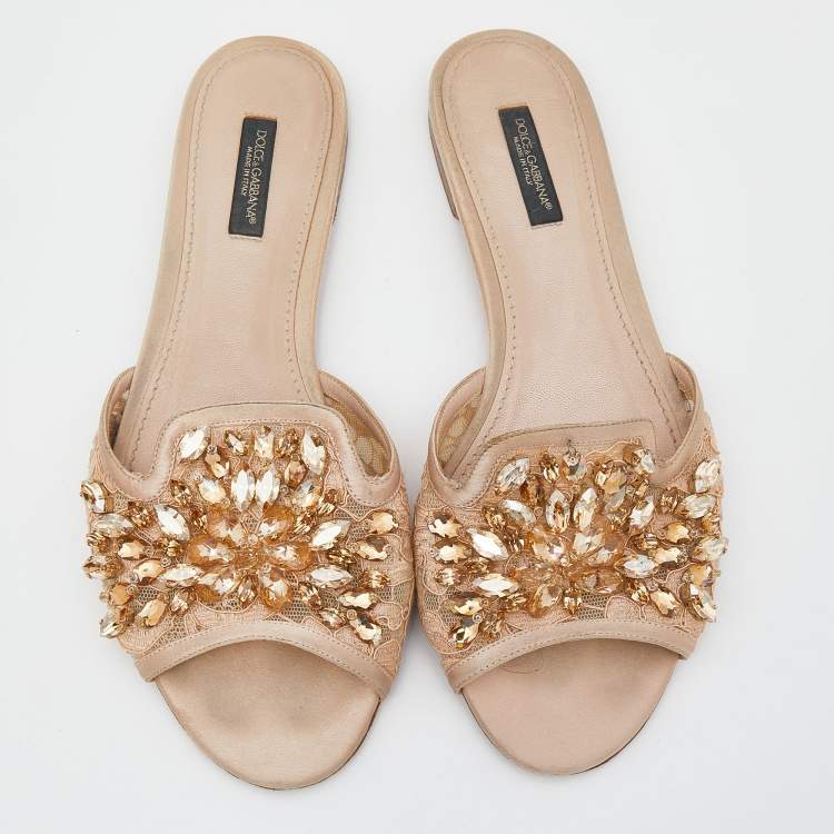 Pre Owned Dolce & Gabbana Beige Satin And Lace Sofia Crystal Embellished Slide Flat Sandals Size 38