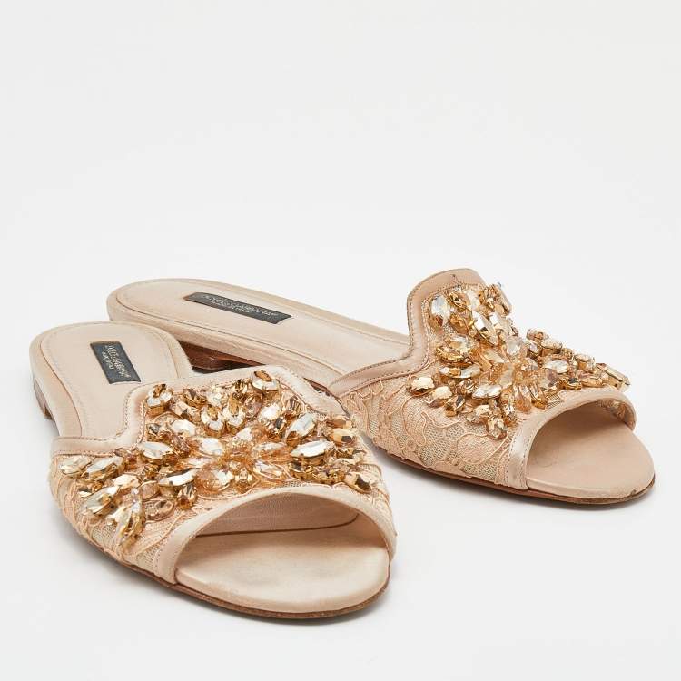 Pre Owned Dolce & Gabbana Beige Satin And Lace Sofia Crystal Embellished Slide Flat Sandals Size 38