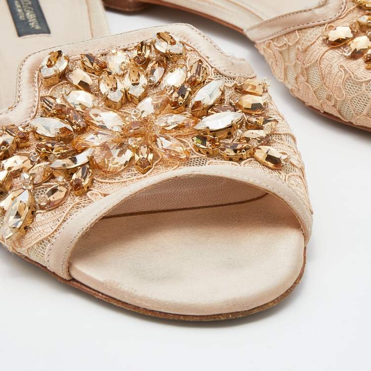 Pre Owned Dolce & Gabbana Beige Satin And Lace Sofia Crystal Embellished Slide Flat Sandals Size 38