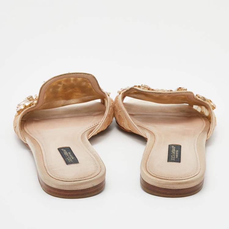Pre Owned Dolce & Gabbana Beige Satin And Lace Sofia Crystal Embellished Slide Flat Sandals Size 38