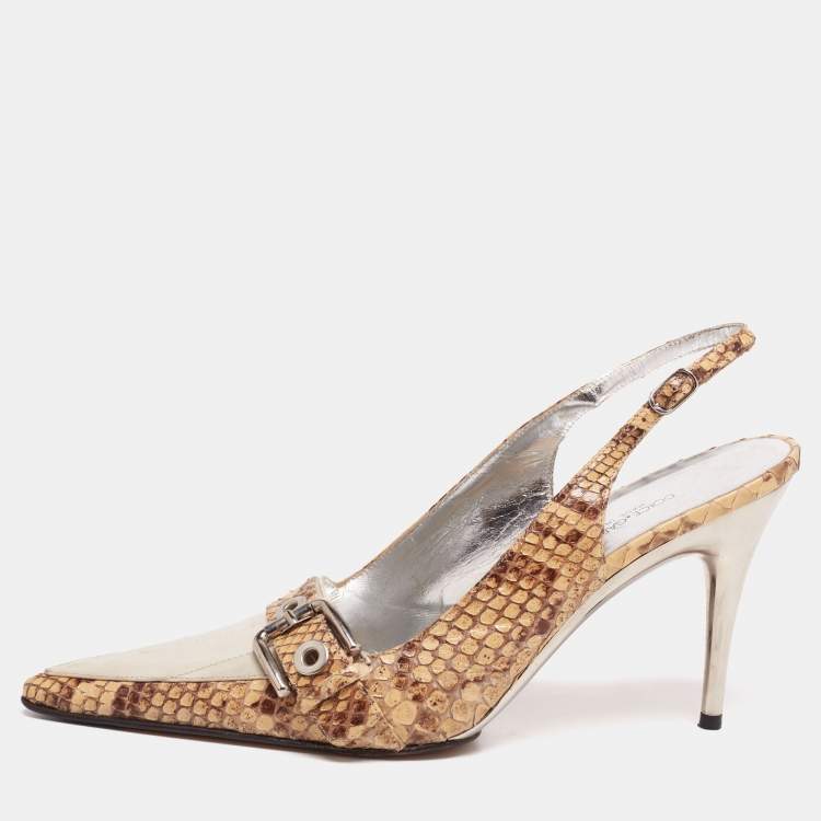 Pre Owned Dolce & Gabbana Beige/Grey Python Leather And Eel Belt Detail Pointed Toe Slingback Sandals Size 38.5