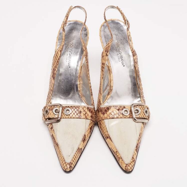 Pre Owned Dolce & Gabbana Beige/Grey Python Leather And Eel Belt Detail Pointed Toe Slingback Sandals Size 38.5