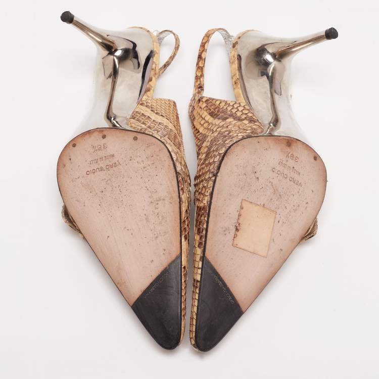 Pre Owned Dolce & Gabbana Beige/Grey Python Leather And Eel Belt Detail Pointed Toe Slingback Sandals Size 38.5